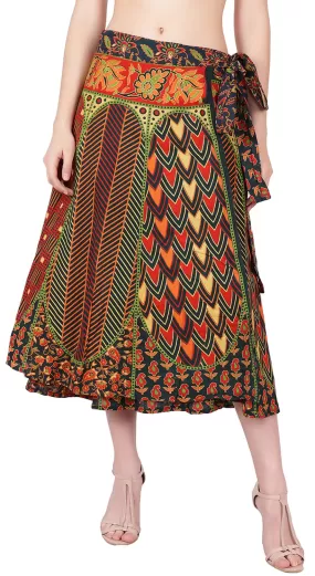 Cotton Wrap Around Long Skirt Printed Women's India Clothes (Green, One Size)