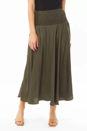 Dazzling Khaki Satin Shirred Waist Maxi Skirt