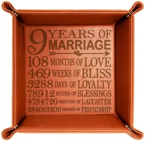 KATE POSH 9 Years of Marriage Engraved Leather Catchall Valet Tray, Our 9th Wedding Anniversary, 9 Years as Husband & Wife, Gifts for Her, for Him, for Couples (Rawhide)