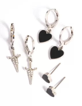 Rhodium Heart Flame Earring Stack Pack