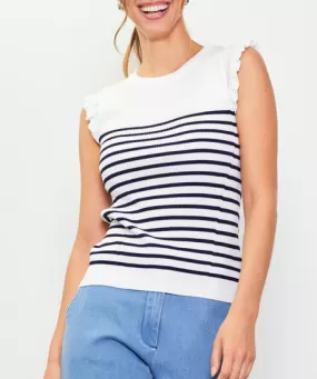 Stripe Ruffle Sleeve Knit Top - White/Navy